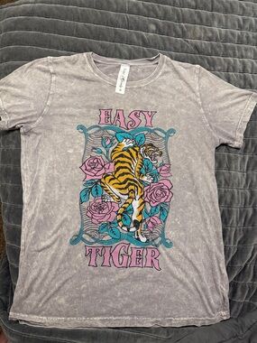 Easy Tiger Graphic Tee — Gray with Yellow, Pink & Teal Print